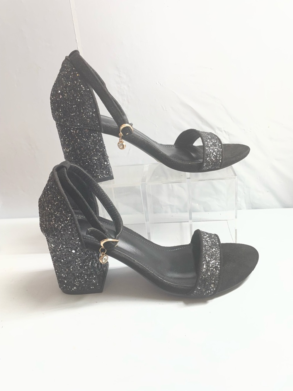 Women's Black Glitter Block 3” Heel Sandals size 38